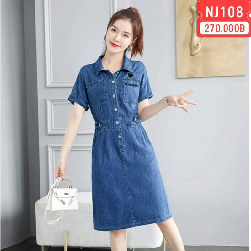 ĐẦM JEAN CỔ SƠ MI EO THUN THÊU TIM